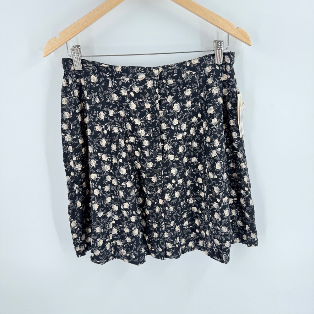Vintage Deadstock Skirt Black Dark Floral Large Vintage 90s‎ Button Rayon Grunge